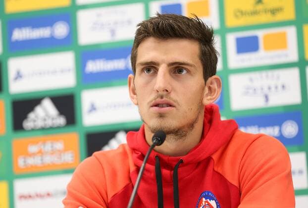 SOCCER - UEFA EL quali, Rapid vs Trencin VIENNA,AUSTRIA,24.AUG.16 - SOCCER - UEFA Europa League, Play-off qualification, SK Rapid Wien vs FK AS Trencin, preview, press conference PK Pressekonferenz of Trencin. Image shows Jakub Holubek (Trencin). Keywords: Wien Energie. GEPAxpictures xPhilippxBrem
