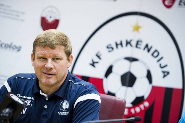 Gent s head coach Hein Vanhaezebrouck pictured during the press conference PK Pressekonferenz of Belgian first league soccer team KAA Gent, Wednesday 24 August 2016, in Skopje, Macedonia. Tomorrow Gent is playing the return leg of the playoff round in the Europa League competition against Macedonia s Shkendija. First leg ended on a 2-1 result in Belgium. JASPERxJACOBS  x04918069x