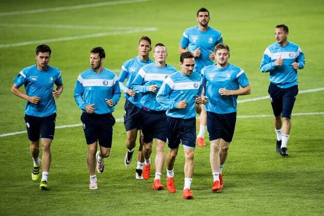 Gent s Hannes Van der Bruggen, Gent s Thomas Matton, Gent s Sven Kums and Gent s Thomas Foket pictured during the training of Belgian first league soccer team KAA Gent, Wednesday 24 August 2016, in Skopje, Macedonia. Tomorrow Gent is playing the return leg of the playoff round in the Europa League competition against Macedonia s Shkendija. First leg ended on a 2-1 result in Belgium. JASPERxJACOBS  x04918082x