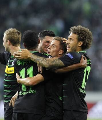 Thorgan Hazard of Moenchengladbach (M) celebrates scoring the 1:0 goal with Lars Stindl (2.L) , Raffael of Moenchengladbach (L) and Fabian Johnson of Moenchengladbach of Moenchengladbach during the championsleague qualification match between Borussia Moenchengladbach and BSC Young Boys, Borussiapark in Moenchengladbach on August 24., 2016. Borussia Mönchengladbach vs. Young Boys Bern in der Champions League Qualifikation der Saison 2016 2017 am 24.August 2016.