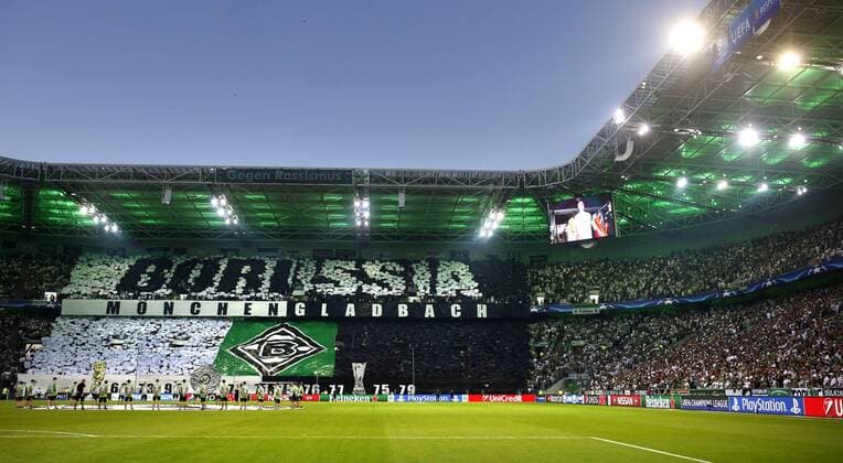 Fans of Gladbach with a choreographie in the Nordkurve prior the championsleague qualification match between Borussia Moenchengladbach and BSC Young Boys, Borussiapark in Moenchengladbach on August 24., 2016. Borussia Mönchengladbach vs. Young Boys Bern in der Champions League Qualifikation der Saison 2016 2017 am 24.August 2016.