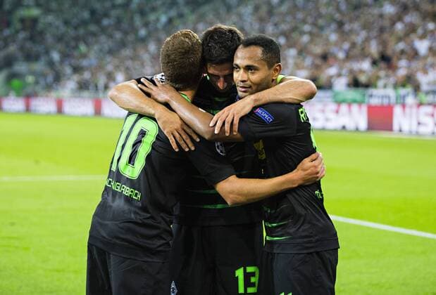 Mönchengladbach, 24.08.2016, Borussia Park Torjubel: Thorgan Hazard (BMG), Lars Stindl (BMG), Raffael (BMG) VfL Borussia Mönchengladbach - Young Boys Bern mm