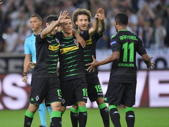 24.08.2016, Fussball, Saison 2016 2017, Champions League Qualifikation, Play-off, Borussia Moenchengladbach - Young Boys Bern, Jubel (v.li.) Lars Stindl (Borussia Moenchengladbach), Thorgan Hazard (Borussia Moenchengladbach), Fabian Johnson (Borussia Moenchengladbach), Raffael (Borussia Moenchengladbach)