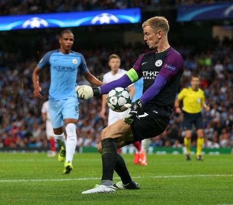 Joe Hart of Manchester City makes a close range second half save during the Champions League Play Off 2nd Leg match at the Etihad Stadium, Manchester. Picture date: August 24th, 2016. Pic Simon Bellis Sportimage EDITORIAL USE ONLY. No use with unauthorised audio, video, data, fixture lists, club league logos or live services. Online in-match use limited to 120 images, no video emulation. No use in betting, games or single club league player publications.