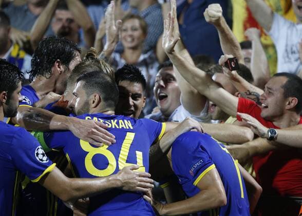 ROSTOV-ON-DON, RUSSIA - AUGUST 24, 2016: Rostov s players celebrate scoring in the 2016 17 UEFA Champions League First playoff round 2nd leg match against Ajax Amsterdam at Olimp-2 Stadium. FC Rostov won the game 4:1. Valery Matytsin TASS  TS02E7F4