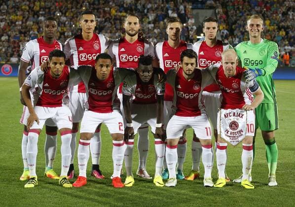 ROSTOV-ON-DON, RUSSIA - AUGUST 24, 2016: Ajax s Jairo Riedewald, Kenny Tete, Bertrand Traore, Amin Younes, Davy Klaassen (L-R front) and goalkeeper Jasper Cillessen (R background) in the 2016 17 UEFA Champions League First playoff round 2nd leg match against FC Rostov at Olimp-2 Stadium. FC Rostov won the game 4:1. Valery Matytsin TASS  TS02E806
