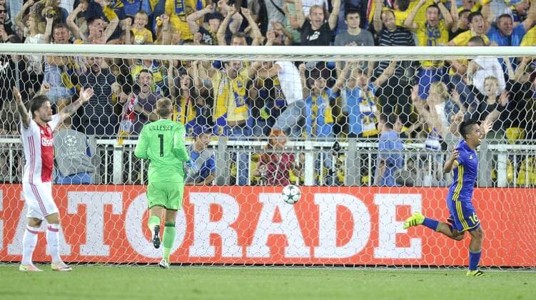 ROSTOV-ON-DON, RUSSIA - AUGUST 24, 2016: Rostov s Christian Noboa (R) celebrates scoring in the 2016 17 UEFA Champions League First playoff round 2nd leg match against Ajax Amsterdam at Olimp-2 Stadium. FC Rostov won the game 4:1. Valery Matytsin TASS  TS02E80E
