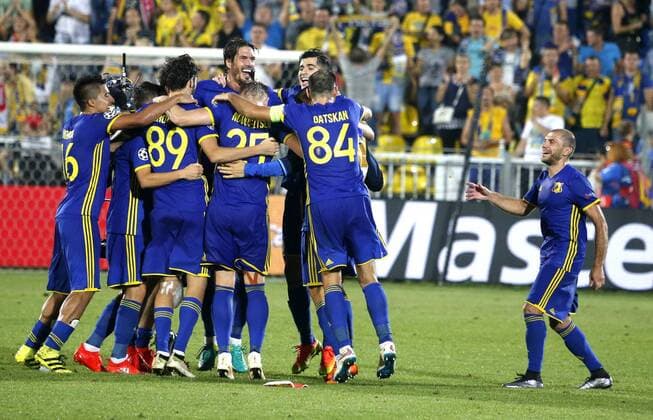 ROSTOV-ON-DON, RUSSIA - AUGUST 24, 2016: Rostov s players celebrate their victory in the 2016 17 UEFA Champions League First playoff round 2nd leg match against Ajax Amsterdam at Olimp-2 Stadium. FC Rostov won the game 4:1. Valery Matytsin TASS  TS02E812