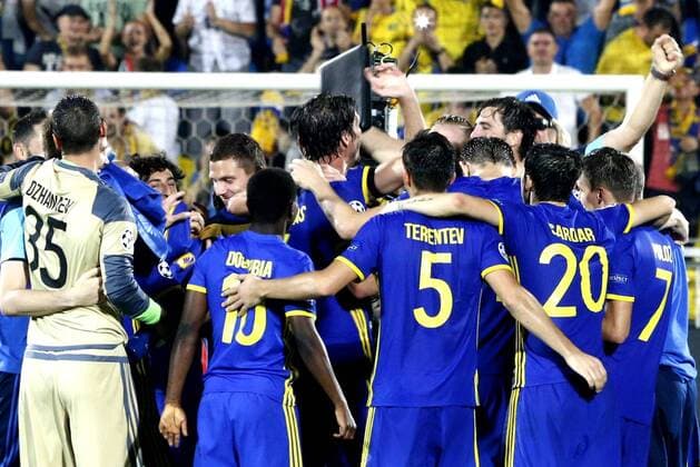 ROSTOV-ON-DON, RUSSIA - AUGUST 24, 2016: Rostov s players celebrate their victory in the 2016 17 UEFA Champions League First playoff round 2nd leg match against Ajax Amsterdam at Olimp-2 Stadium. FC Rostov won the game 4:1. Valery Matytsin TASS  TS02E813