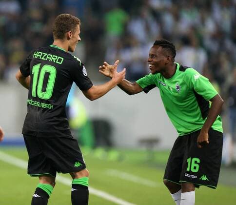 v.l. Thorgan Hazard (Moenchengladbach) und Ibrahima Traore (Moenchengladbach) jubeln nach dem Tor zum 6:1 durch Thorgan Hazard (Moenchengladbach) beim Spiel Borussia Moenchengladbach vs. BSC Young Boys Bern, Fussball, Champions League-Qualifikation, 24.08.2016 Moenchengladbach Copyright: xHommes Eibner-Pressefotox EP_MHS
