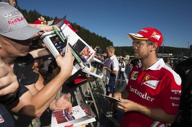 German Sebastian Vettel of Scuderia Ferrari pictured during an autographs session at the Grand Prix F1 of Belgium, in Spa-Francorchamps, Thursday 25 August 2016. The Spa-Francorchamps Formula One Grand Prix takes place this weekend, from August 26 until August 28. NICOLASxLAMBERT  x04918582x