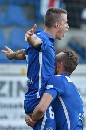 From left: Jan Sykora and Vladimir Coufal of Liberec celebrate a goal during the fourth qualifying round return Europa League match Slovan Liberec vs AEK Larnaca in Liberec, Czech Republic, August 25, 2016. (CTKxPhoto RadekxPetrasek) CTKPhotoP201608250985801  PER 7