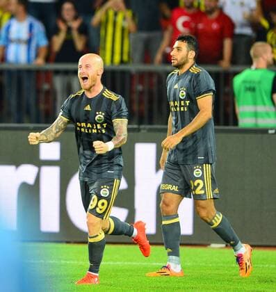 UEFA Europa league Playoff second leg match between Grasshoppers and Fenerbahce at Letzigrund Stadium in Zurich, Swiss on August 25 , 2016. Final Score: Grasshoppers 0 - Fenerbahce 2 Pictured: Fenerbahce players celebrates for Miroslav Stoch goal. ( Ismail Koybasi (R) , Miroslav Stoch (L) ) Not available for publication in Turkey. 