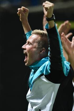 Coach assistant Jaroslav Kostl celebrates a victory after the fourth qualifying round return Europa League match Slovan Liberec vs AEK Larnaca in Liberec, Czech Republic, August 25, 2016. (CTKxPhoto RadekxPetrasek) CTKPhotoP201608251091301  PER 14