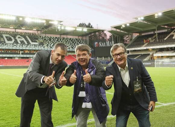 SOCCER - UEFA EL quali, Rosenborg vs A.Wien TRONDHEIM,NORWAY,25.AUG.16 - SOCCER - UEFA Europa League, Play-off qualification, BK Rosenborg Trondheim vs FK Austria Wien. Image shows the rejoicing of manager Markus Kraetschmer, president Wolfgang Katzian and vice president Rudolf Reisner (A.Wien). GEPAxpictures xChristianxOrt