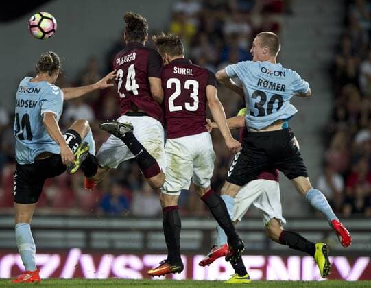 Josef Sural of Sparta (second from right) shoots a goal during the fourth qualifying round return Europa League return match Sparta Praha vs Sonderjyske in Prague, Czech Republic, August 25, 2016. (CTKxPhoto MichalxKamaryt) CTKPhotoP201608251107501  kmt 9