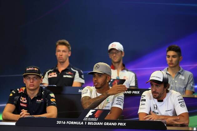 25.08.2016. Spa-Francorchamps, Belgium. Formula 1 Grand Prix of Belgiu, Driver arrival and press conference PK Pressekonferenz McLaren Honda - Fernando Alonso, Haas F1 Team & x2013; Romain Grosjean, Mercedes AMG Petronas & x2013; Lewis Hamilton, Scuderia Toro Rosso & x2013; Daniil Kvyat, Manor Racing & x2013; Esteban Ocon and Red Bull Racing & x2013; Max Verstappen xLeannexBoonx  ActionPlus11780095
