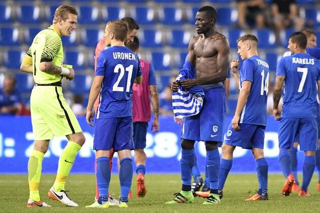 Genk s goalkeeper Marco Bizot, Genk s Jere Uronen and Genk s Omar Colley pictured after a match between Belgian first league team KRC Genk and Croatian Lokomotiva Zagreb, the return leg of the playoff round in the Europa League competition, in Genk, Thursday 25 August 2016. First leg ended on 2-2 draw result in Croatia. YORICKxJANSENS  x04918922x