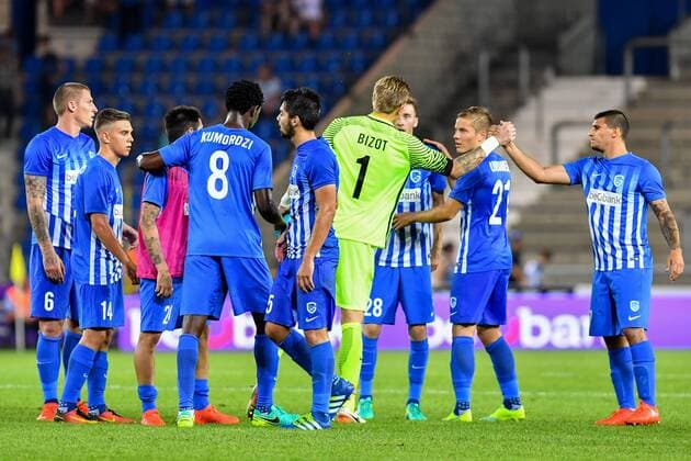 Genk s players celebrate after winning a match between Belgian first league team KRC Genk and Croatian Lokomotiva Zagreb, the return leg of the playoff round in the Europa League competition, in Genk, Thursday 25 August 2016. First leg ended on 2-2 draw result in Croatia. LUCxCLAESSEN  x04918932x