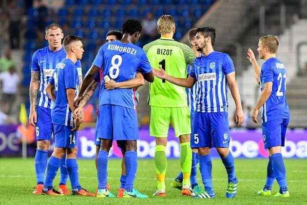 Genk s players celebrate after winning a match between Belgian first league team KRC Genk and Croatian Lokomotiva Zagreb, the return leg of the playoff round in the Europa League competition, in Genk, Thursday 25 August 2016. First leg ended on 2-2 draw result in Croatia. LUCxCLAESSEN  x04918933x