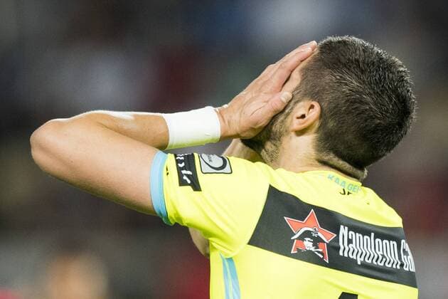 Gent s Stefan Mitrovic reacts during a match between Macedonia s Shkendija and Belgian first league soccer team KAA Gent, the return leg of the playoff round in the Europa League competition, Thursday 25 August 2016, in Skopje, Macedonia. First leg ended on a 2-1 result in Belgium. JASPERxJACOBS  x04919012x