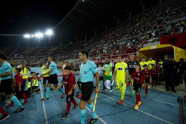 Gent s players enter the stadium at a match between Macedonia s Shkendija and Belgian first league soccer team KAA Gent, the return leg of the playoff round in the Europa League competition, Thursday 25 August 2016, in Skopje, Macedonia. First leg ended on a 2-1 result in Belgium. JASPERxJACOBS  x04919024x
