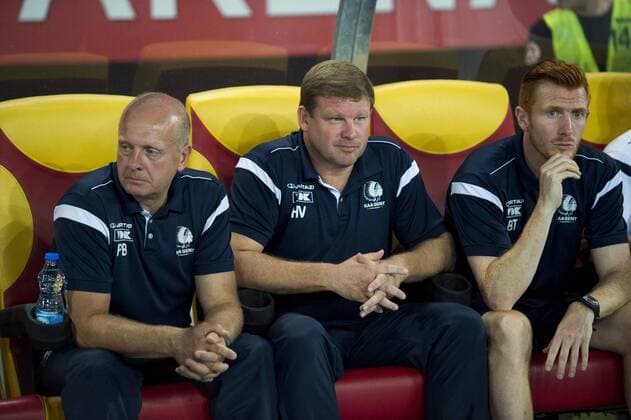 Gent s assistant coach Peter Balette, Gent s head coach Hein Vanhaezebrouck and Gent s assistant coach Bernd Thijs pictured before a match between Macedonia s Shkendija and Belgian first league soccer team KAA Gent, the return leg of the playoff round in the Europa League competition, Thursday 25 August 2016, in Skopje, Macedonia. First leg ended on a 2-1 result in Belgium. JASPERxJACOBS  x04919031x