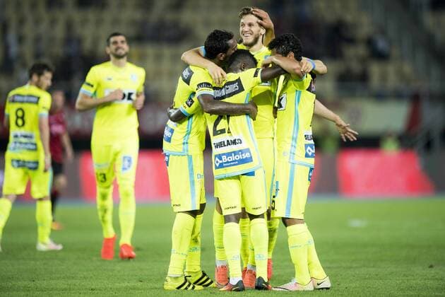 Gent s Renato Neto, Gent s Rami Gershon, Gent s Moses Simon and Gent s Kenneth Saief celebrate after scoring during a match between Macedonia s Shkendija and Belgian first league soccer team KAA Gent, the return leg of the playoff round in the Europa League competition, Thursday 25 August 2016, in Skopje, Macedonia. First leg ended on a 2-1 result in Belgium. JASPERxJACOBS  x04918981x