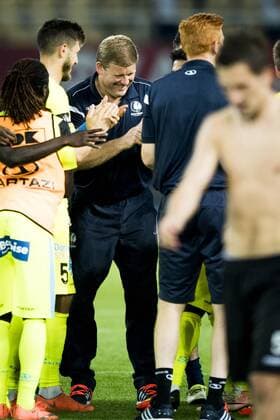 Gent s players and Gent s head coach Hein Vanhaezebrouck celebrate after winning a match between Macedonia s Shkendija and Belgian first league soccer team KAA Gent, the return leg of the playoff round in the Europa League competition, Thursday 25 August 2016, in Skopje, Macedonia. First leg ended on a 2-1 result in Belgium. JASPERxJACOBS  x04919035x