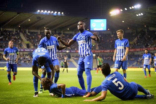 Genk s Wilfried Onyinye Ndidi, Genk s Omar Colley, Genk s Leon Bailey, Genk s Mwbana Ally Samatta and Genk s Sandy Walsh celebrate during a match between Belgian first league team KRC Genk and Croatian Lokomotiva Zagreb, the return leg of the playoff round in the Europa League competition, in Genk, Thursday 25 August 2016. First leg ended on 2-2 draw result in Croatia. YORICKxJANSENS  x04919033x