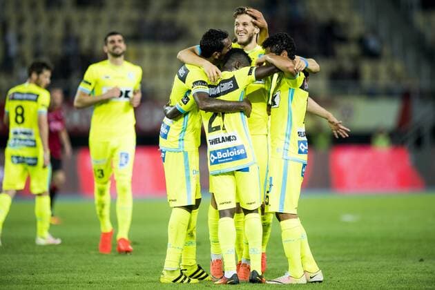 Gent s Renato Neto, Gent s Moses Simon, Gent s Rami Gershon and Gent s Jeremy Perbet celebrate after scoring during a match between Macedonia s Shkendija and Belgian first league soccer team KAA Gent, the return leg of the playoff round in the Europa League competition, Thursday 25 August 2016, in Skopje, Macedonia. First leg ended on a 2-1 result in Belgium. JASPERxJACOBS  x04919037x