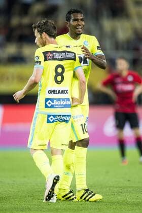 Gent s Thomas Matton and Gent s Renato Neto celebrate during a match between Macedonia s Shkendija and Belgian first league soccer team KAA Gent, the return leg of the playoff round in the Europa League competition, Thursday 25 August 2016, in Skopje, Macedonia. First leg ended on a 2-1 result in Belgium. JASPERxJACOBS  x04919039x