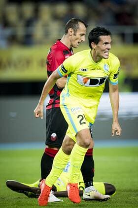 Gent s Jeremy Perbet celebrates after scoring during a match between Macedonia s Shkendija and Belgian first league soccer team KAA Gent, the return leg of the playoff round in the Europa League competition, Thursday 25 August 2016, in Skopje, Macedonia. First leg ended on a 2-1 result in Belgium. JASPERxJACOBS  x04919041x