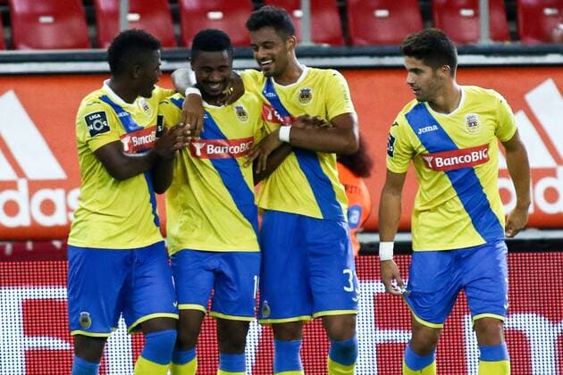 August 25, 2016 - Piraeus, Greece - Arouca s defender Gege celebrates after scoring a goal with team during UEFA Europa League match between FC Olympiacos and FC Arouca at Georgios Karaiskakis Stadium in Piraeus on August 25, 2016. FC Olympiacos v FC Arouca - UEFA Europa League  - ZUMAn230