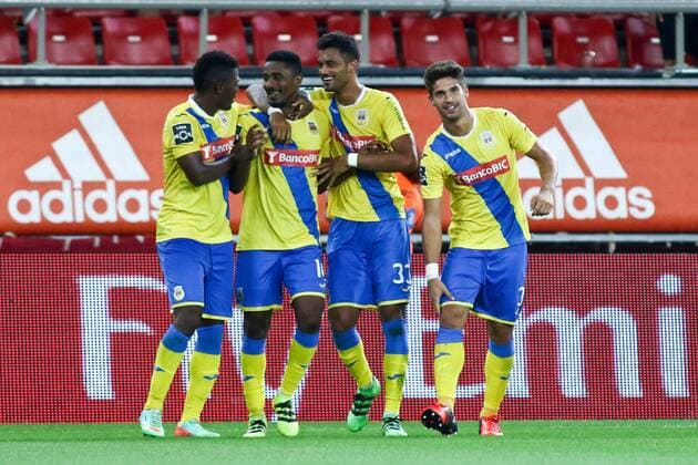 August 25, 2016 - Piraeus, Greece - Arouca s defender Gege celebrates after scoring a goal with team during UEFA Europa League match between FC Olympiacos and FC Arouca at Georgios Karaiskakis Stadium in Piraeus on August 25, 2016. FC Olympiacos v FC Arouca - UEFA Europa League  - ZUMAn230