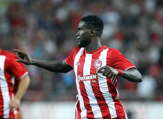 August 25, 2016 - Piraeus, Greece - Olympiaco s Greek forward Brown Ideye celebrates after scoring a goal during UEFA Europa League match between FC Olympiacos and FC Arouca at Georgios Karaiskakis Stadium in Piraeus on August 25, 2016. FC Olympiacos v FC Arouca - UEFA Europa League  - ZUMAn230