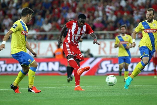 August 25, 2016 - Piraeus, Greece - Olympiaco s Greek forward Brown Ideye (C) score a goal during UEFA Europa League match between FC Olympiacos and FC Arouca at Georgios Karaiskakis Stadium in Piraeus on August 25, 2016. FC Olympiacos v FC Arouca - UEFA Europa League  - ZUMAn230