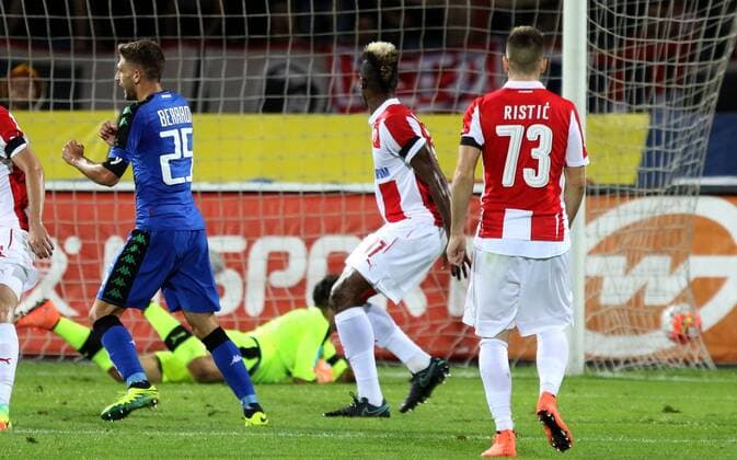 25.08.2016 Belgrade(Serbia) FK Crvena Zvezda(FC Red Star)-US Sassuolo Europa League play off men s football Domenico Berardi (L) US Sassuolo scoring first goal on match :Str 