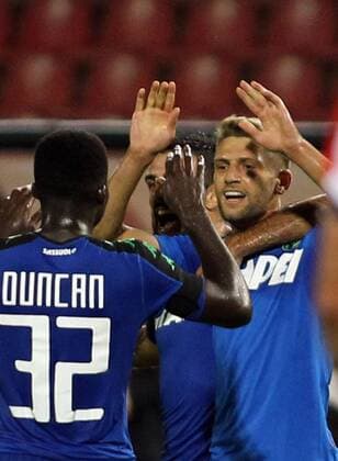25.08.2016 Belgrade(Serbia) FK Crvena Zvezda(FC Red Star)-US Sassuolo Europa League play off men s football Domenico Berardi(r) US Sassuolo celebrate first goal on match : 