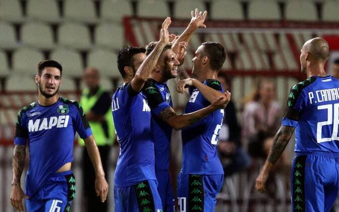 25.08.2016 Belgrade(Serbia) FK Crvena Zvezda(FC Red Star)-US Sassuolo Europa League play off men s football Matteo Politano(L),Domenico Berardi (c) US Sassuolo scoring first goal on match :Str 