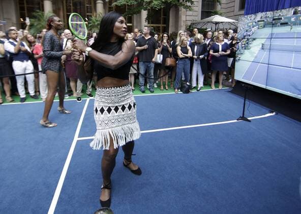 Tennis players Serena Williams and Venus Williams participate in a Virtual Tennis Tournament at Lotte New York Palace on August 25, 2016 in New York City. The US Open Tennis Championships begin on Monday.  NYP20160825105 JOHNxANGELILLO