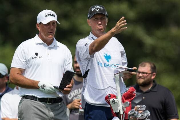 August 25, 2016: Phil Mickelson and his caddie look down the sixth fairway during the first round of play at The Barclays, on the Black course, at Bethpage State Park in Farmingdale, NY. (Photo by David Hahn Icon Sportswire) GOLF: AUG 25 PGA Golf Herren - The Barclays - First Round Icon160825017 EDITORIAL USE ONLY