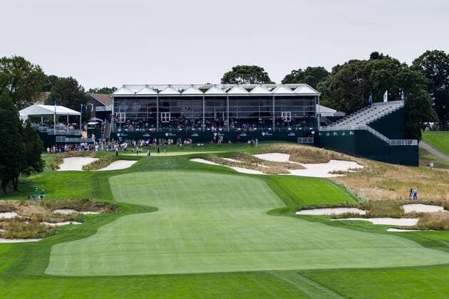 August 25, 2016: A view of the grandstands looking down the 18th fairway at The Barclays, on the Black course, at Bethpage State Park in Farmingdale, NY. (Photo by David Hahn Icon Sportswire) GOLF: AUG 25 PGA Golf Herren - The Barclays - First Round Icon160825001 EDITORIAL USE ONLY