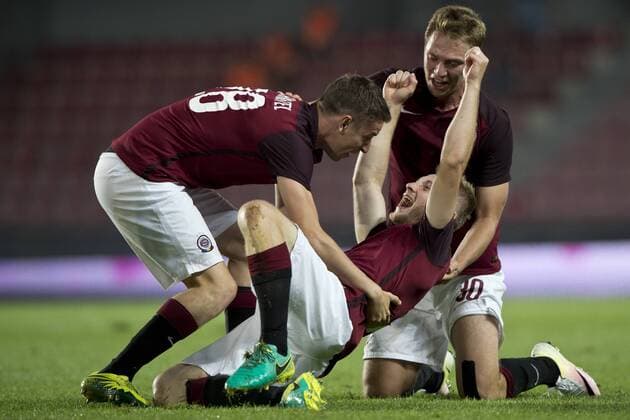 Ondrej Zahustel, from left, Jakub Brabec and Lukas Julis of Sparta celebrate a goal during the fourth qualifying round return Europa League return match Sparta Praha vs Sonderjyske in Prague, Czech Republic, August 25, 2016. (CTKxPhoto MichalxKamaryt) CTKPhotoP201608251116401  kmt 10