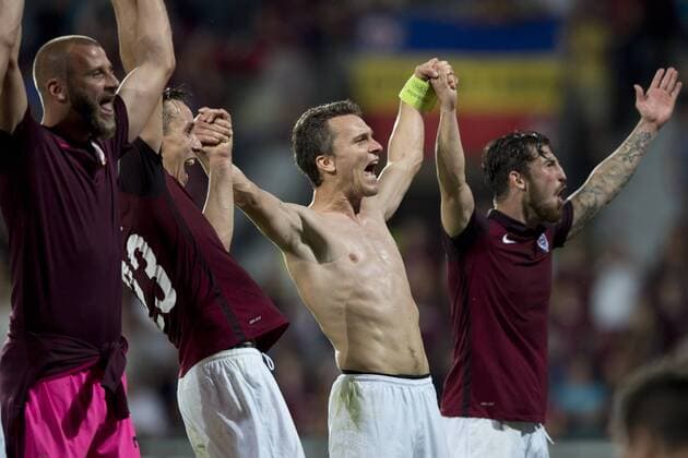David Bicik, from left, Josef Sural, David Lafata and Lukas Vacha of Sparta celebrate victory in the fourth qualifying round return Europa League return match Sparta Praha vs Sonderjyske in Prague, Czech Republic, August 25, 2016. (CTKxPhoto MichalxKamaryt) CTKPhotoP201608251147201  kmt 15