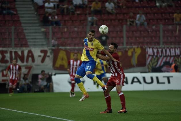 Greece: UEFA Europa League First playoff round, Game 2 Jose Dos Santos (no 87) of Arouca win the ball from Alberto de la Bella( no 24) of Olympiacos. Final score, Olympiacos got 2 points while the Arouca got 1 point.  DimitriosxKarvountzisx xPacificxPress