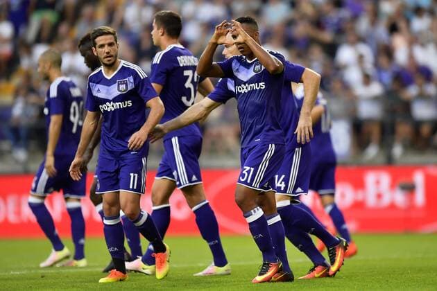 BRUSSELS, BELGIUM - AUGUST 25 : Youri Tielemans midfielder of RSC Anderlecht celebrates scoring a penalty with teammate Alexandru Chipciu midfielder of RSC Anderlecht FOOTBALL : Anderlecht vs Slavia Praha - Europa League - Bruxelles - 25 08 2016 PhotoNews Panoramic 