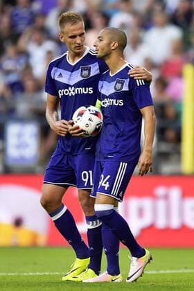 BRUSSELS, BELGIUM - AUGUST 25 : Sofiane Hanni midfielder of RSC Anderlecht pictured with Lukasz Teodorzcyk forward of RSC Anderlecht FOOTBALL : Anderlecht vs Slavia Praha - Europa League - Bruxelles - 25 08 2016 PhotoNews Panoramic 
