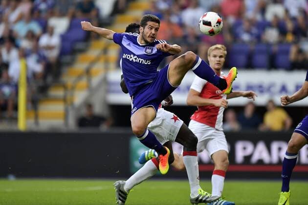 BRUSSELS, BELGIUM - AUGUST 25 : Alexandru Chipciu midfielder of RSC Anderlecht is fouled by Michael Ngadeu defender of SK Slavia Praha in the 16 FOOTBALL : Anderlecht vs Slavia Praha - Europa League - Bruxelles - 25 08 2016 PhotoNews Panoramic 