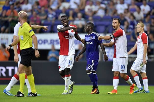 BRUSSELS, BELGIUM - AUGUST 25 : Protest of Michael Ngadeu defender of SK Slavia Praha and Josef Husbauer midfielder of SK Slavia Praha towards the penalty on Frank Acheampong forward of RSC Anderlecht FOOTBALL : Anderlecht vs Slavia Praha - Europa League - Bruxelles - 25 08 2016 PhotoNews Panoramic 